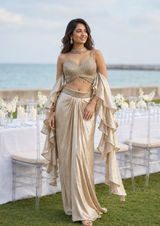 Champagne Gold Sculpted Ruffle Saree Set