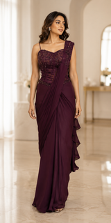 Wine Corset Draped Saree Set