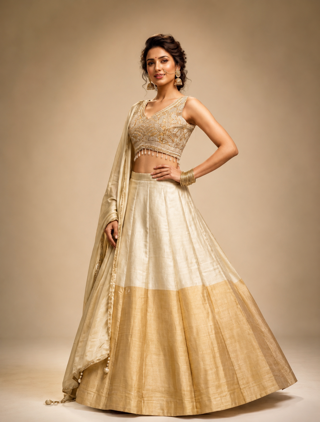 Ivory Gold Silk Lehenga Ensemble