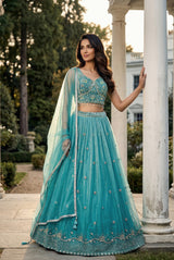 Aqua Blue Embroidered Lehenga Set