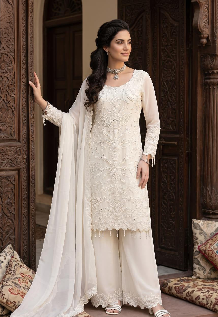 Ivory White Embroidered Palazzo Suit Set