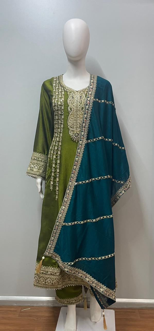 Olive Teal Embroidered Kurta Set
