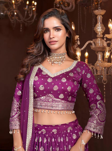 Plum Silver Zari Festive Lehenga Ensemble