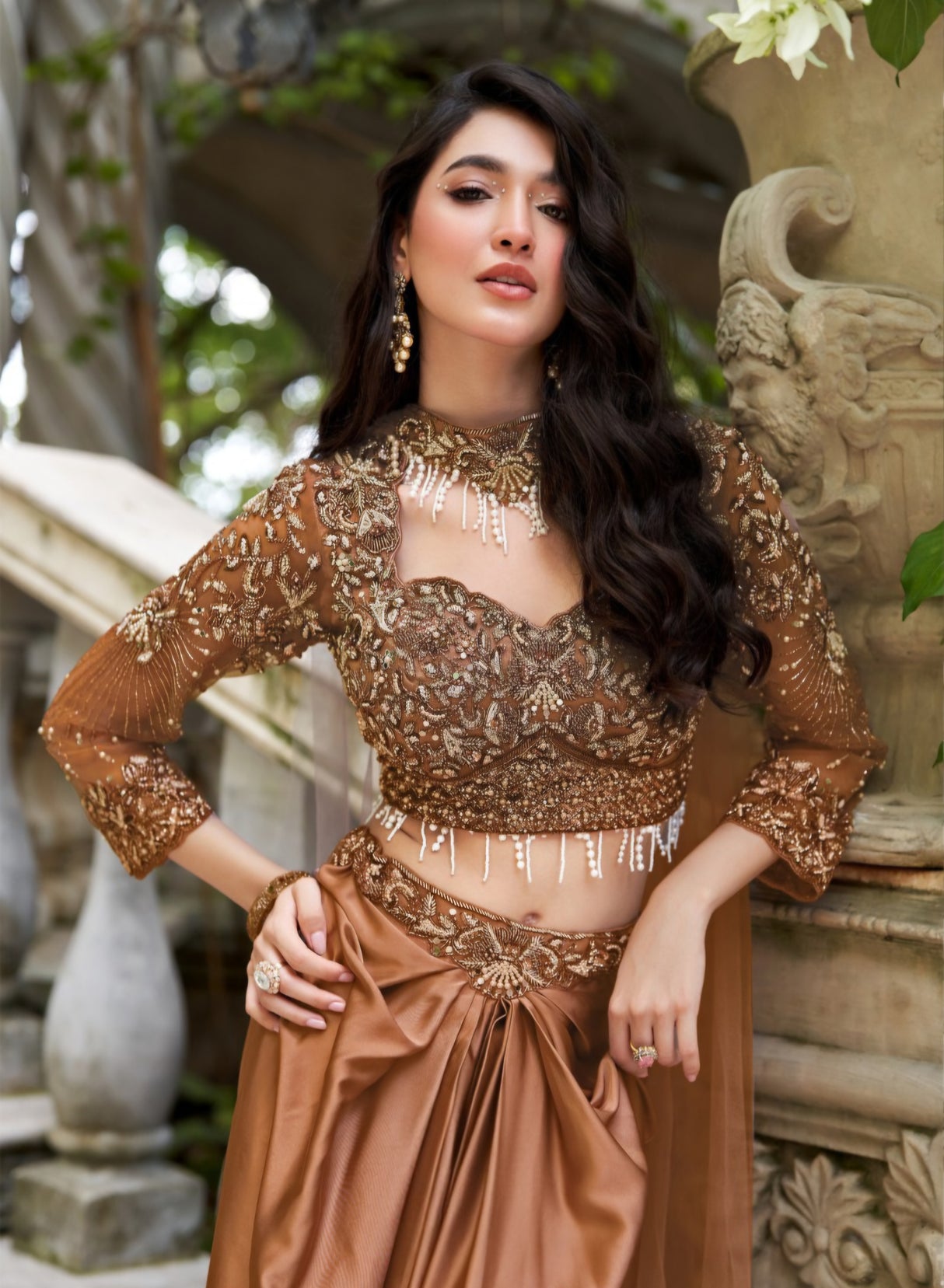 Copper Bronze Draped Saree Set