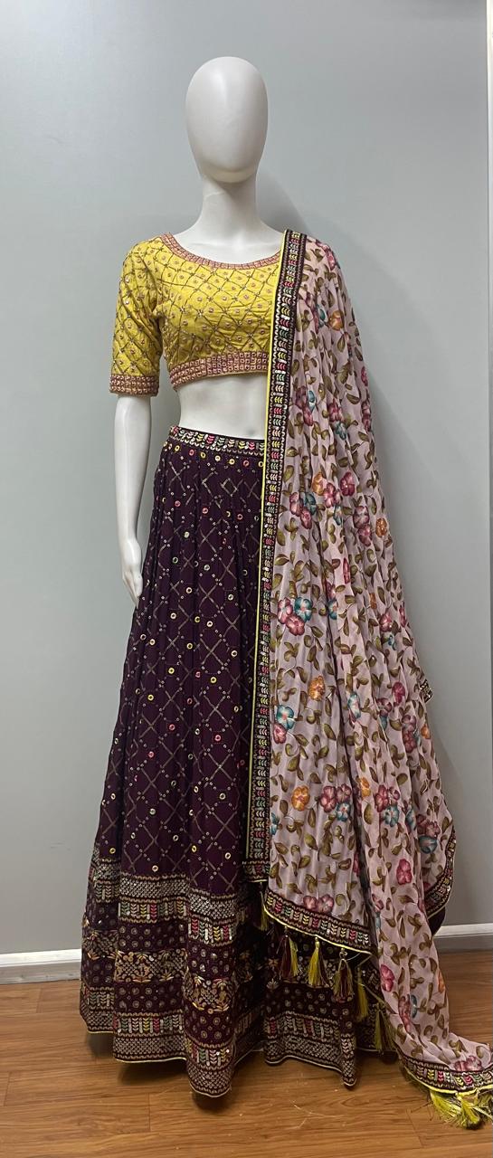 Mustard Plum Floral Lehenga Set