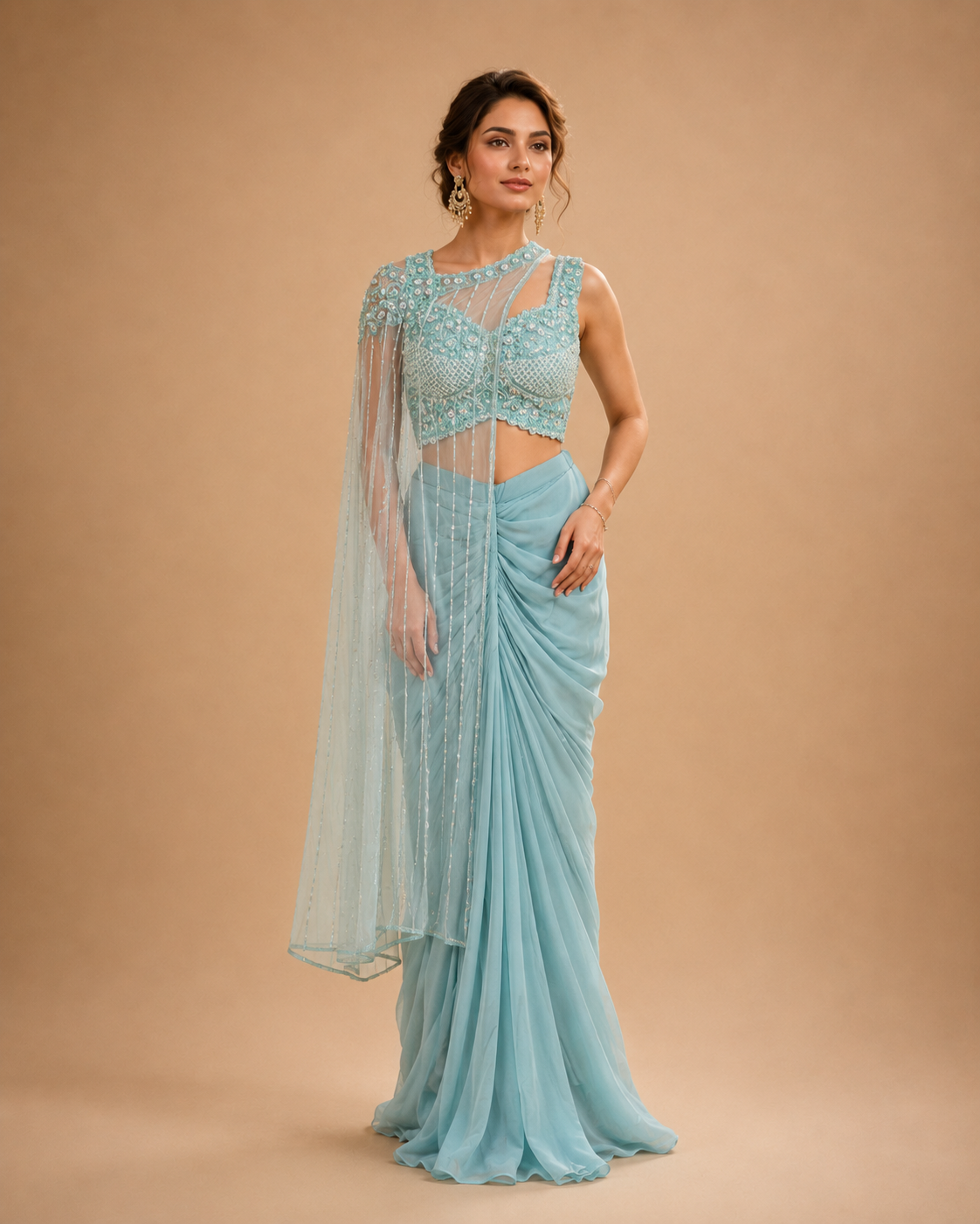 Powder Blue Pearl Draped Saree Ensemble