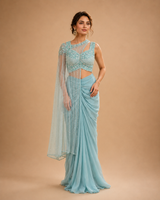 Powder Blue Pearl Draped Saree Ensemble
