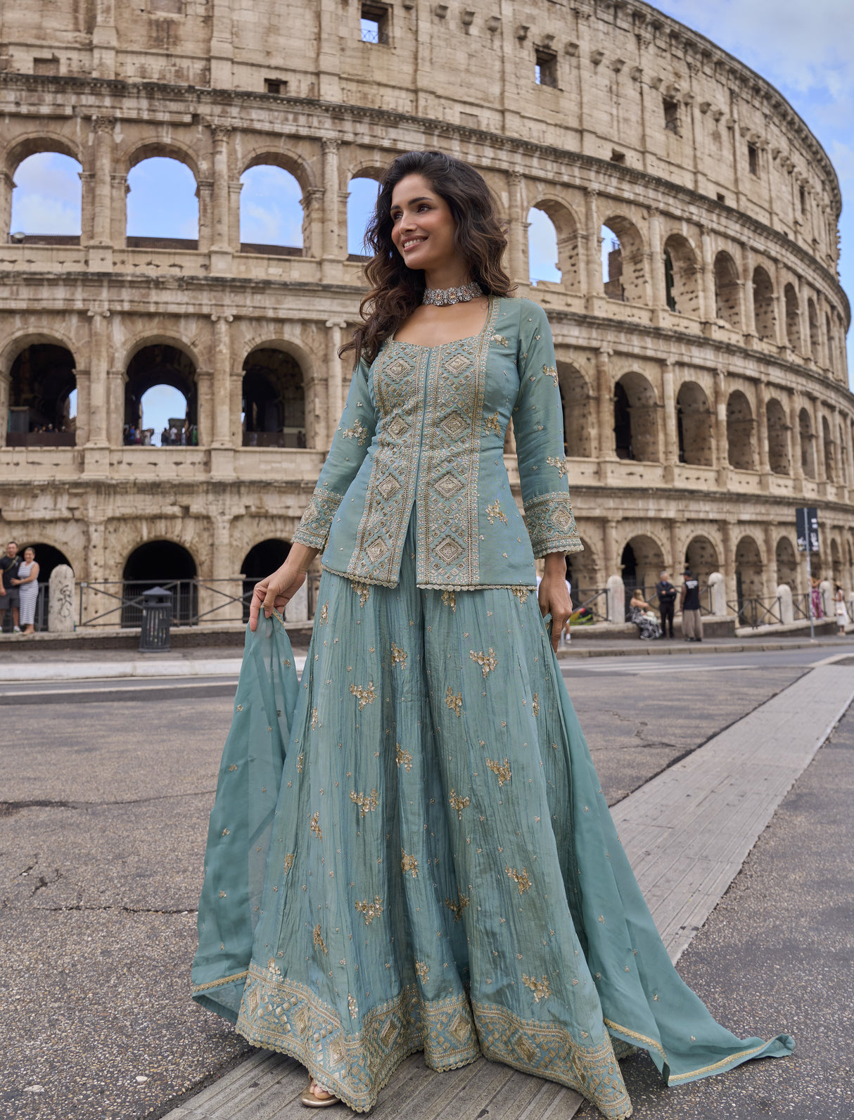 Steel Blue Gold Embroidered Palazzo Couture Ensemble
