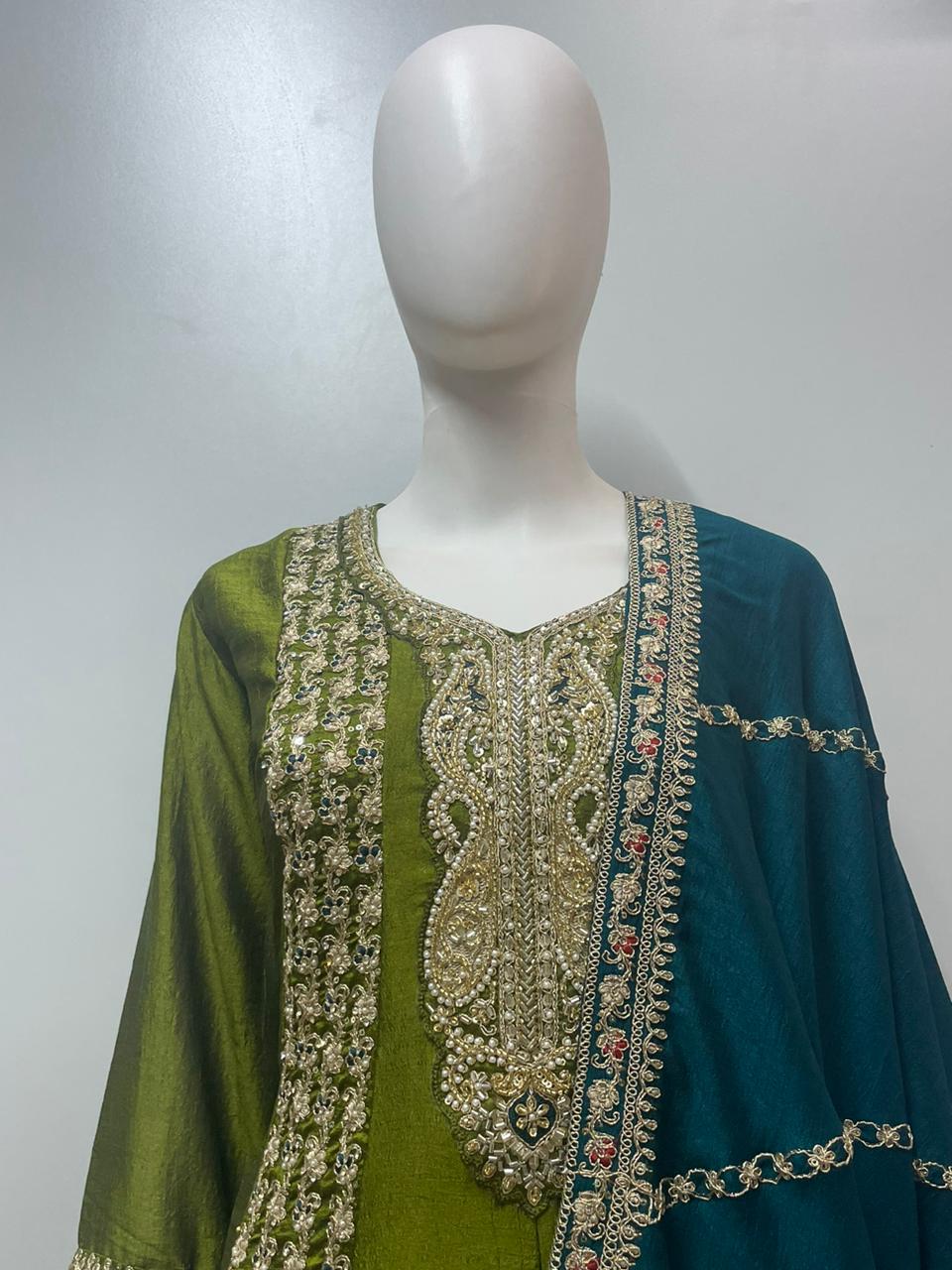 Olive Teal Embroidered Kurta Set