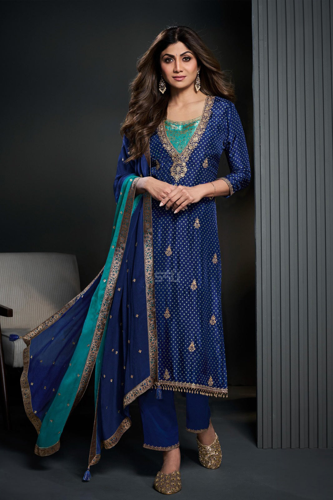 Royal Blue Teal Gold Embroidered Kurta Ensemble