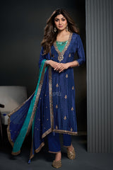 Royal Blue Teal Gold Embroidered Kurta Ensemble