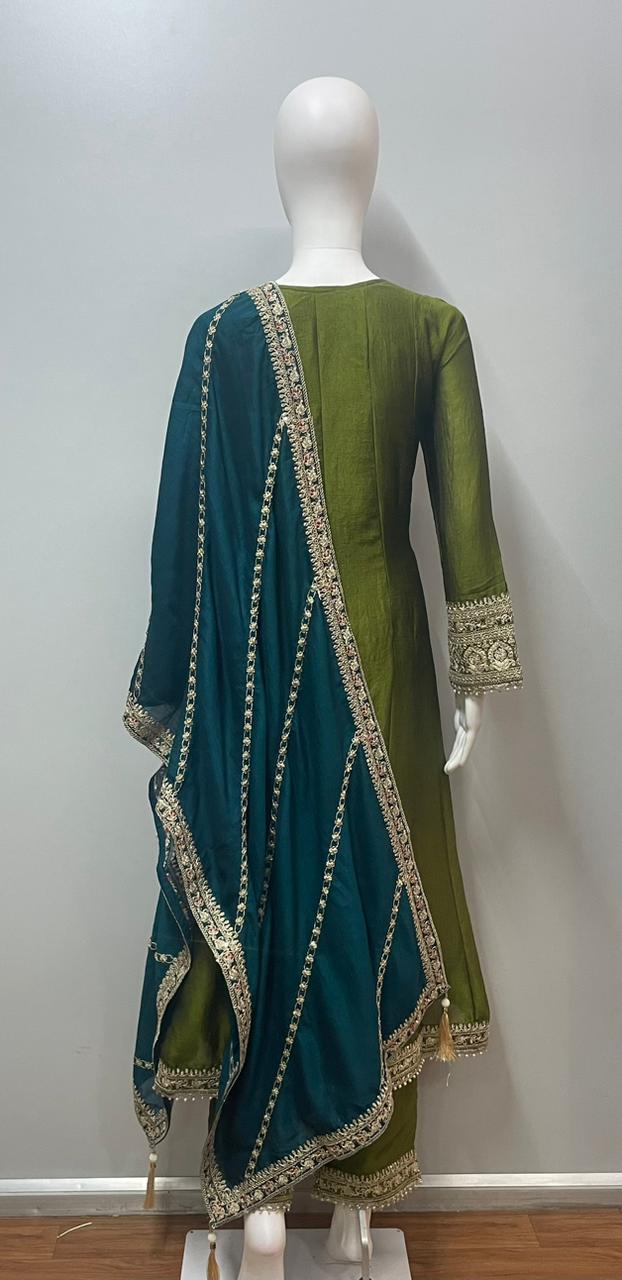 Olive Teal Embroidered Kurta Set