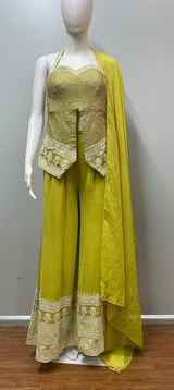 Lime Gold Embroidered Palazzo Dupatta Set