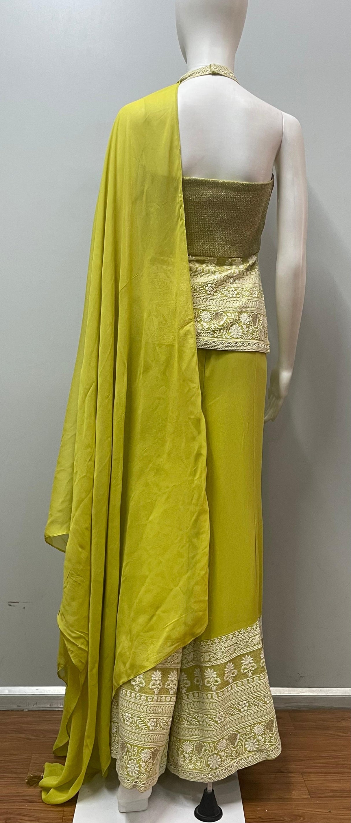 Lime Gold Embroidered Palazzo Dupatta Set