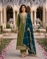 Olive Teal Embroidered Kurta Set