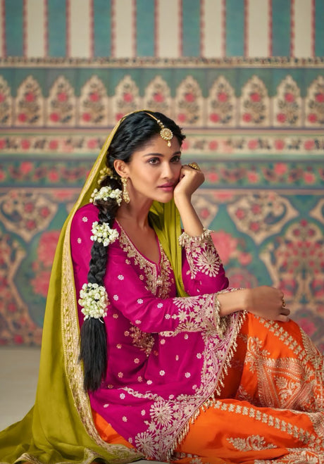 Rani Pink Kurta with Orange Sharara & Green Dupatta Set
