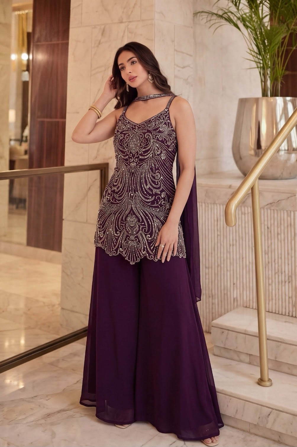 Deep Plum Silver Jewel Palazzo Set