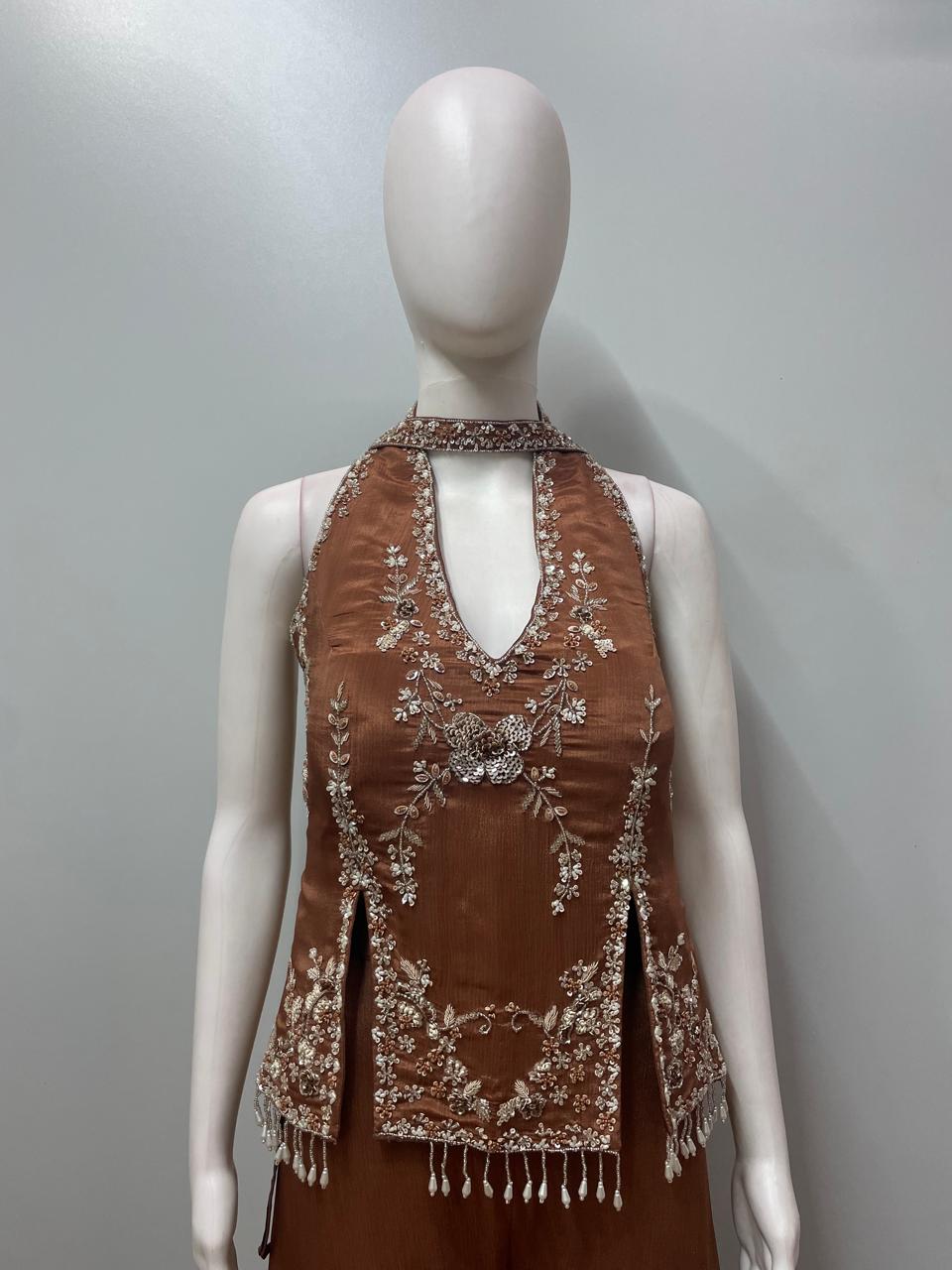 Cocoa Bronze Embroidered Kurta Palazzo Set