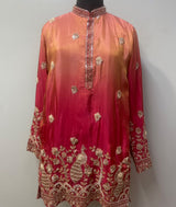 Coral crimson ombre kurta with gold peacock motifs, front view