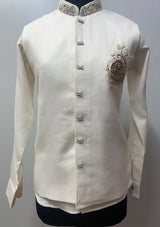 Pearl Ivory Antique Gold Floral Crest Bandhgala Jacket
