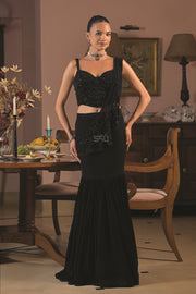 Black Beaded Fishtail Skirt Set, front view