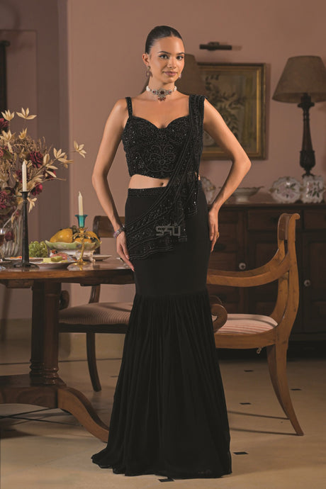 Black Beaded Fishtail Skirt Set, front view