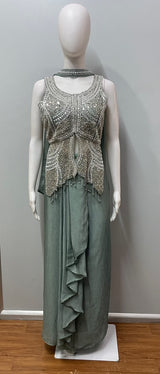 Sage Silver Embellished Draped Palazzo Set