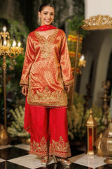 Rust orange brocade kurta with antique gold work and crimson wide-leg pants