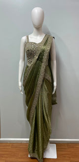 Olive Gold Embroidered Saree Set