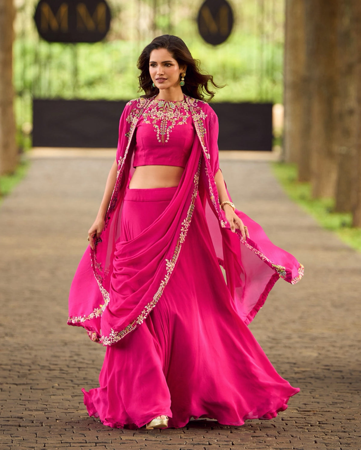 Fuchsia Gold Floral Cape Draped Skirt Set