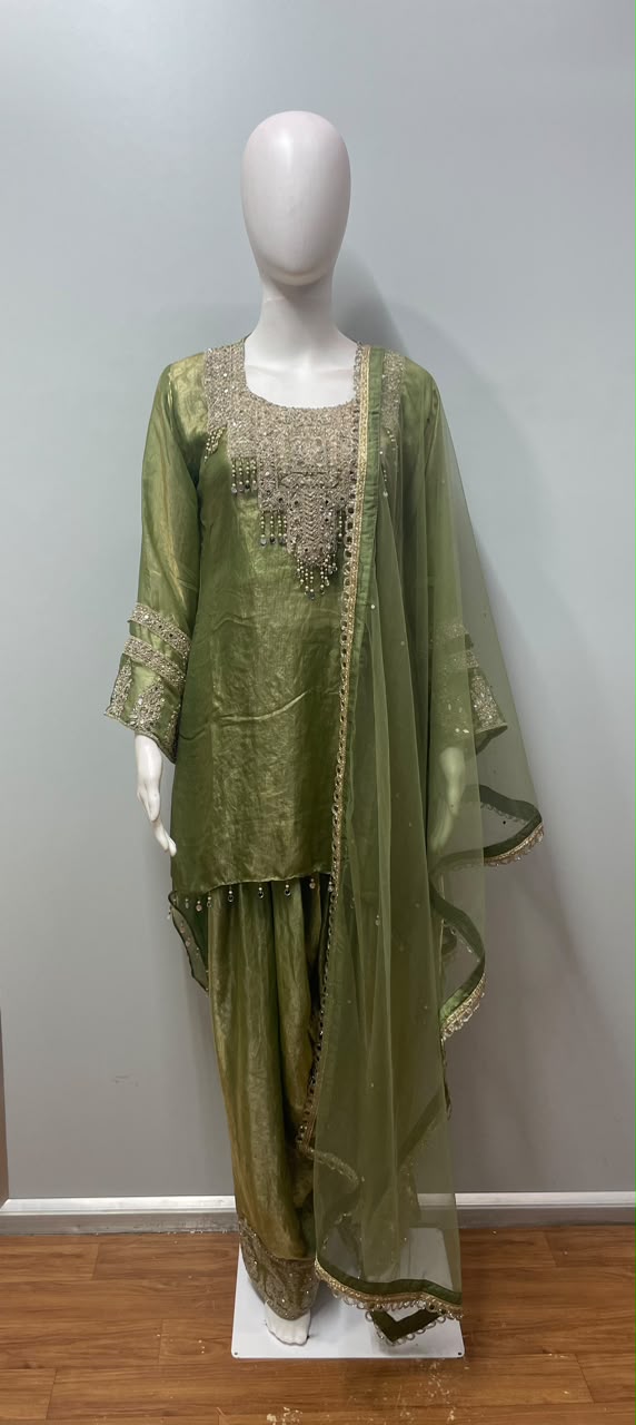 Olive Gold Pearl Embellished Festive Ensemble - alternate view