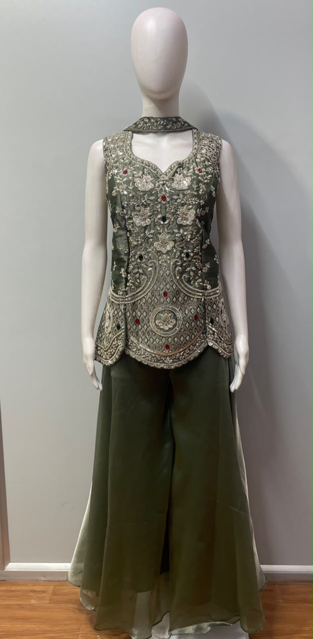 Smoky Olive Silver Jewel Palazzo Set
