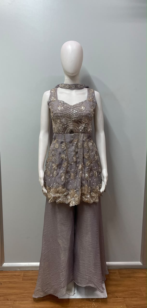 Smoky Taupe Gold Embroidered Peplum Palazzo Ensemble