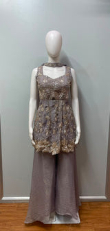 Smoky Taupe Gold Embroidered Peplum Palazzo Ensemble