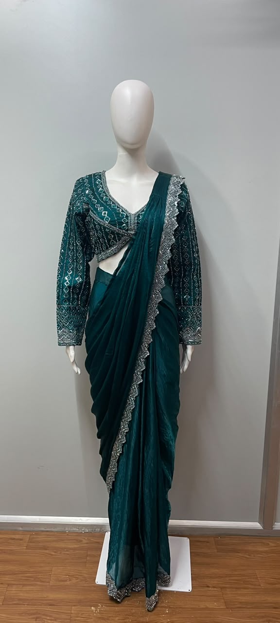 Emerald Mirror Draped Saree Set