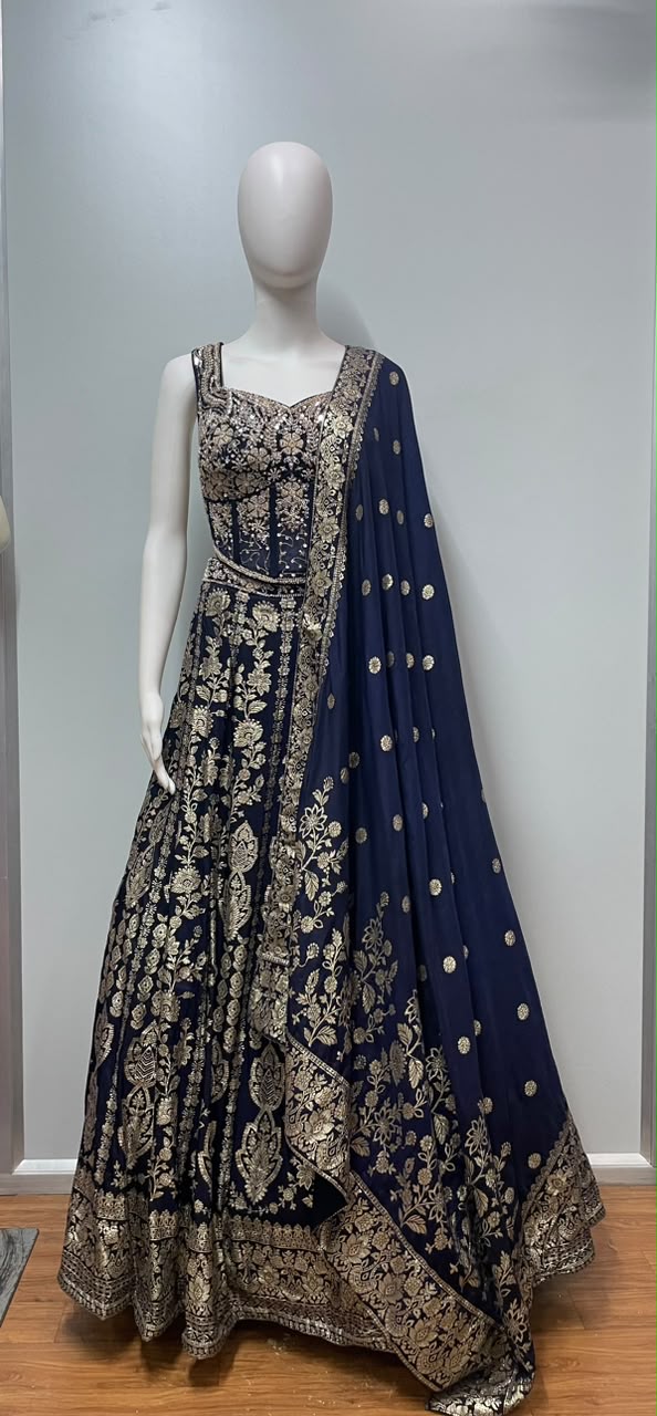 Midnight Navy Gold Embroidered Bridal Lehenga Set