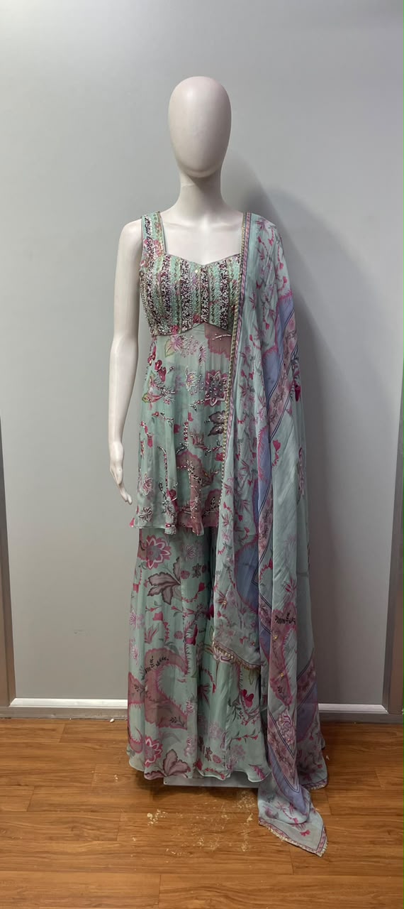 Mint Green Floral Beaded Kurta Palazzo Set