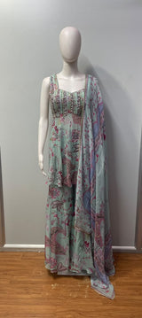 Mint Green Floral Beaded Kurta Palazzo Set