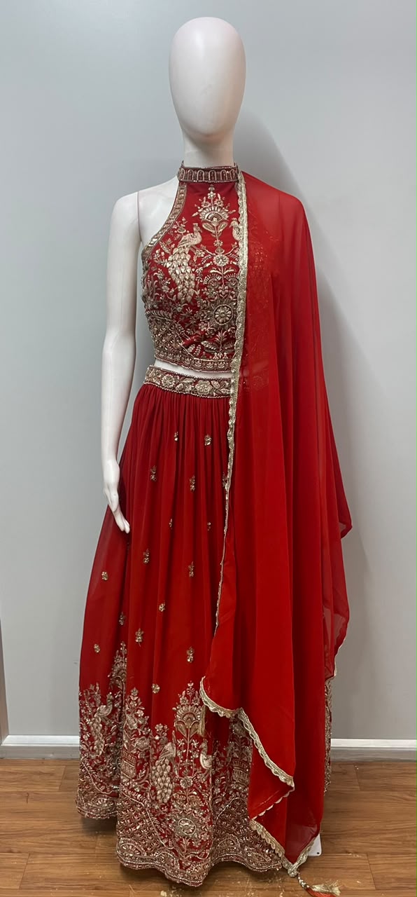 Scarlet Red Gold Zari Lehenga Set