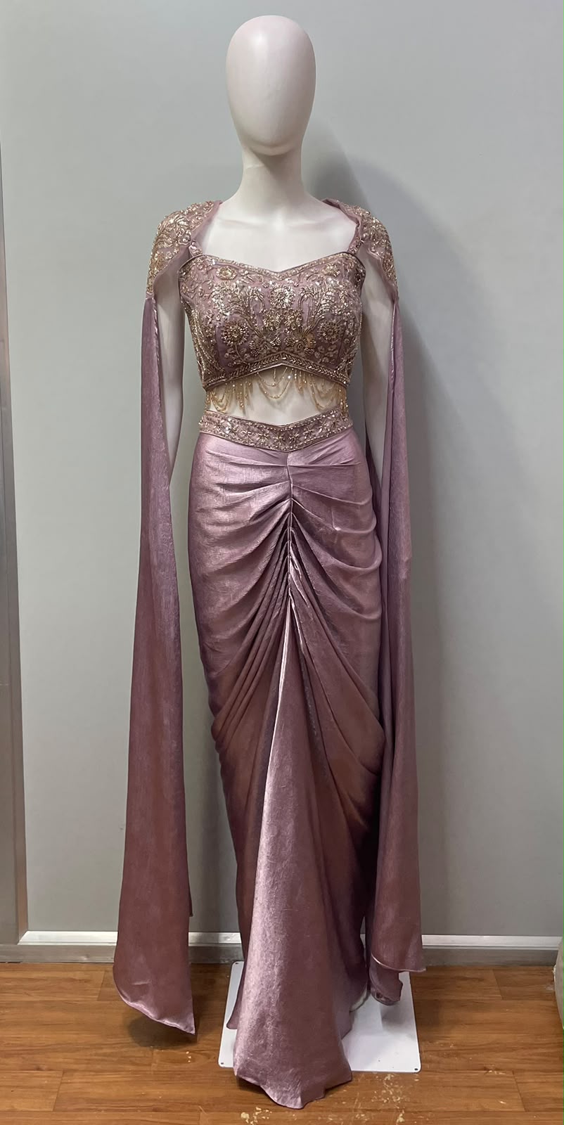 Smoky Mauve Gold Jewel Draped Skirt Set