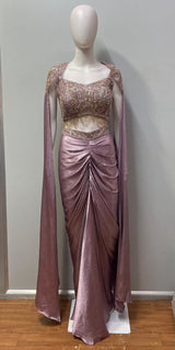 Smoky Mauve Gold Jewel Draped Skirt Set
