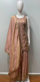 Dusty Peach Gold Embroidered Sharara Couture Ensemble