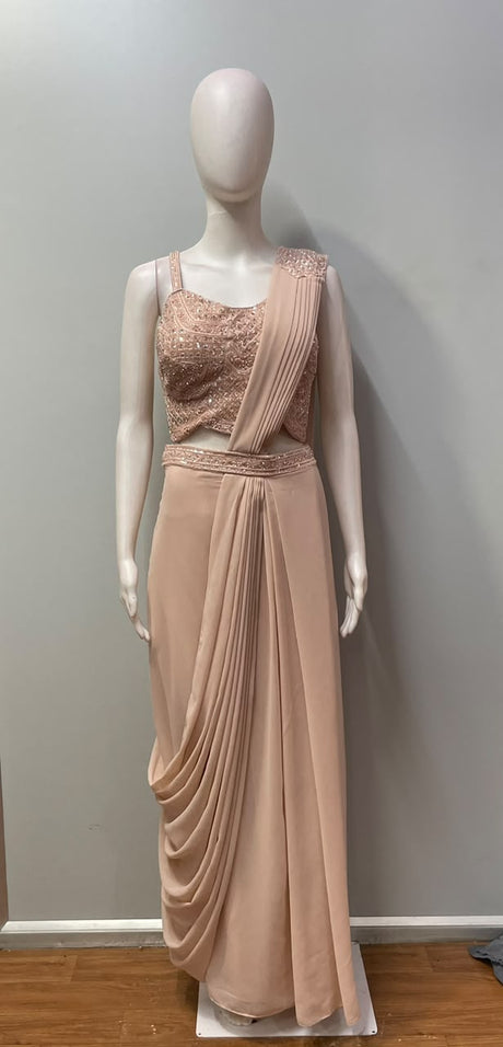 Champagne Blush Silver Crystal Embroidered Draped Saree Set