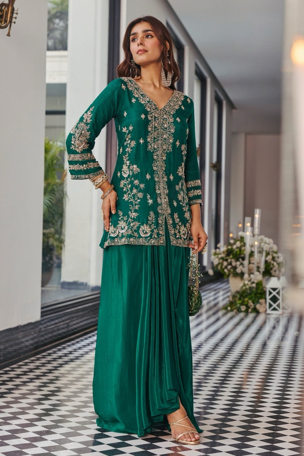 Emerald Green Antique Gold Botanical Kurta Draped Skirt Set