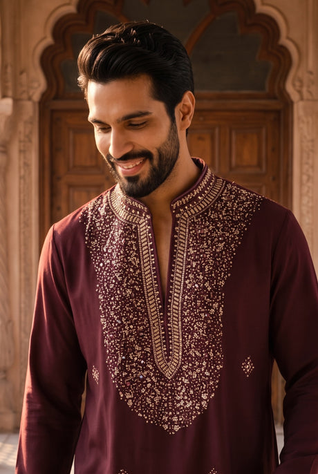 Full-length view of the deep burgundy regal kurta set with matching trousers