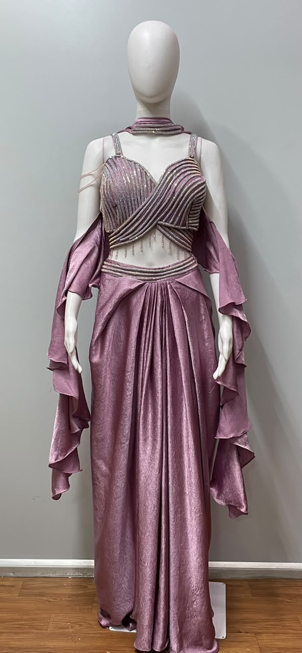 Dusty Mauve Sculpted Ruffle Draped Saree Set