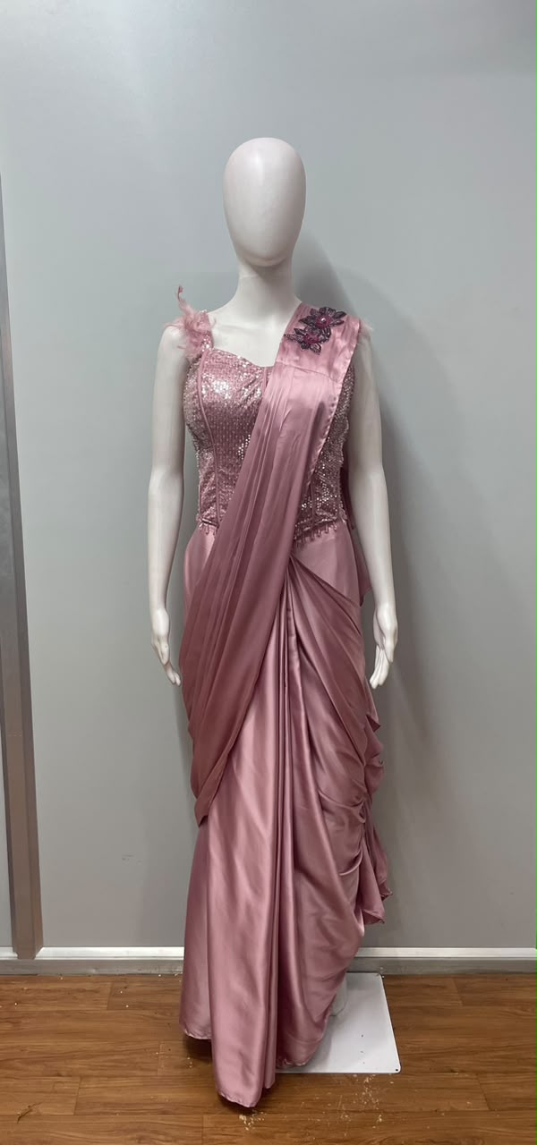 Dusty Rose Crystal Draped Saree Couture Set