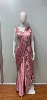 Dusty Rose Crystal Draped Saree Couture Set