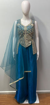 Peacock Teal Multicolor Jewel Longline Palazzo Set