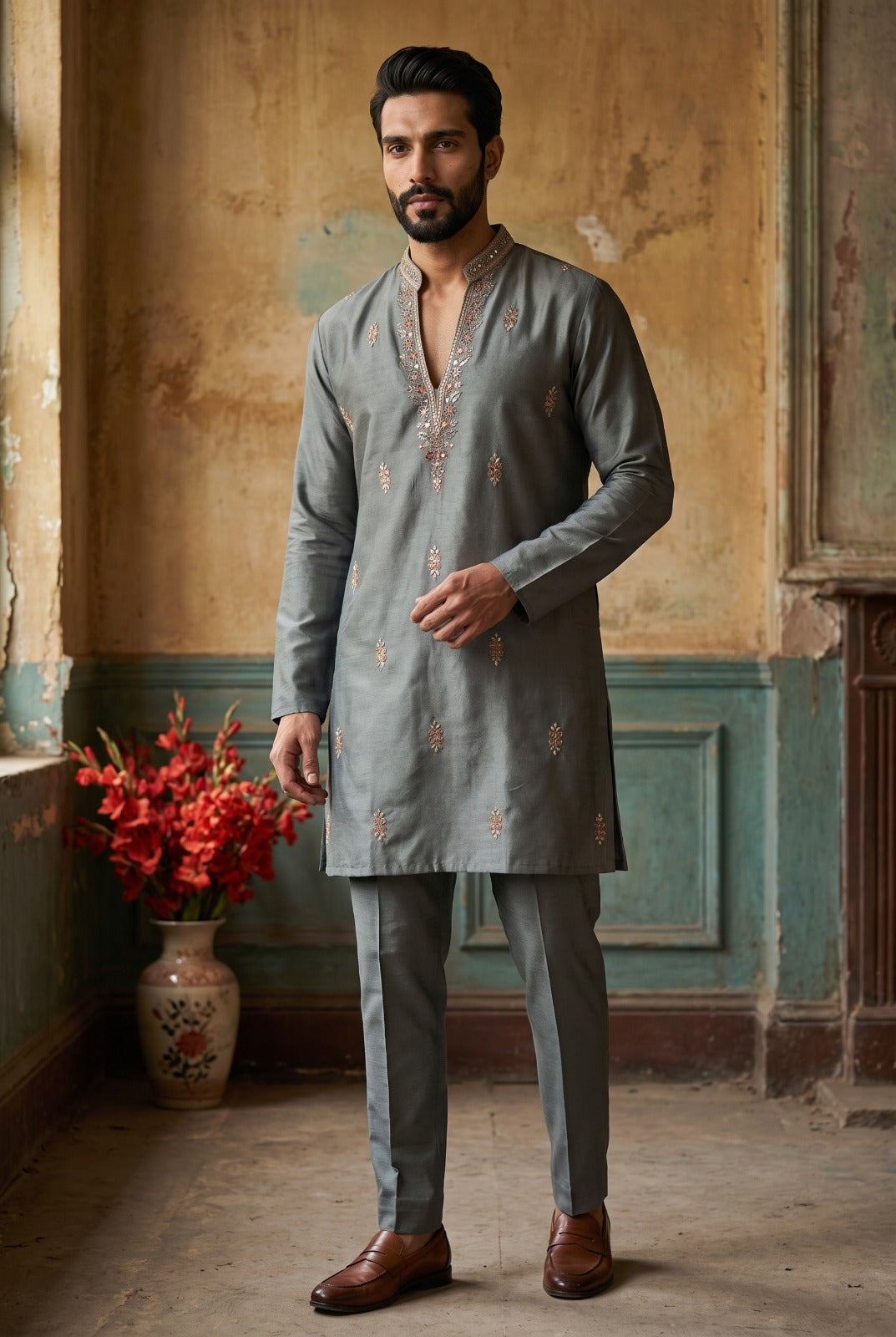 Smoky Grey Rose Gold Motif Kurta Set